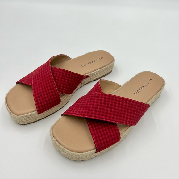 Lucky Brand Gayte Red Gingham Slide Flat Platform Y2K Slide Sandal Size 10 EUC - Picture 3 of 9